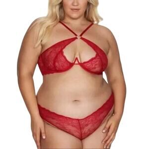 NEW Frederick's of Hollywood Lover Lace Bra & Crotchless Panty Set 1X/2X Red NWT